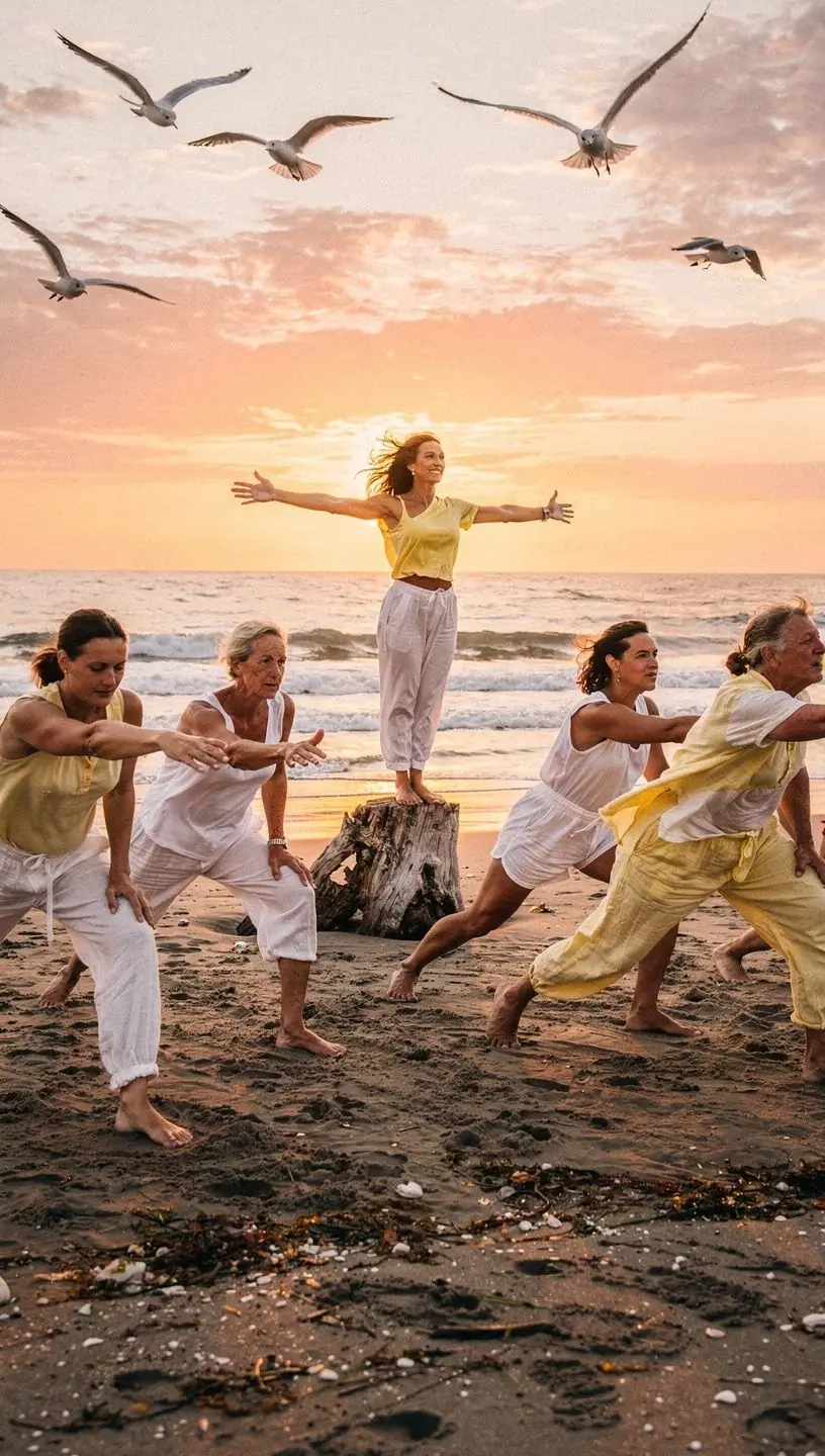 Un grupo de participantes en una clase de yoga, realizando ejercicios de movimiento para liberar tensiones emocionales.