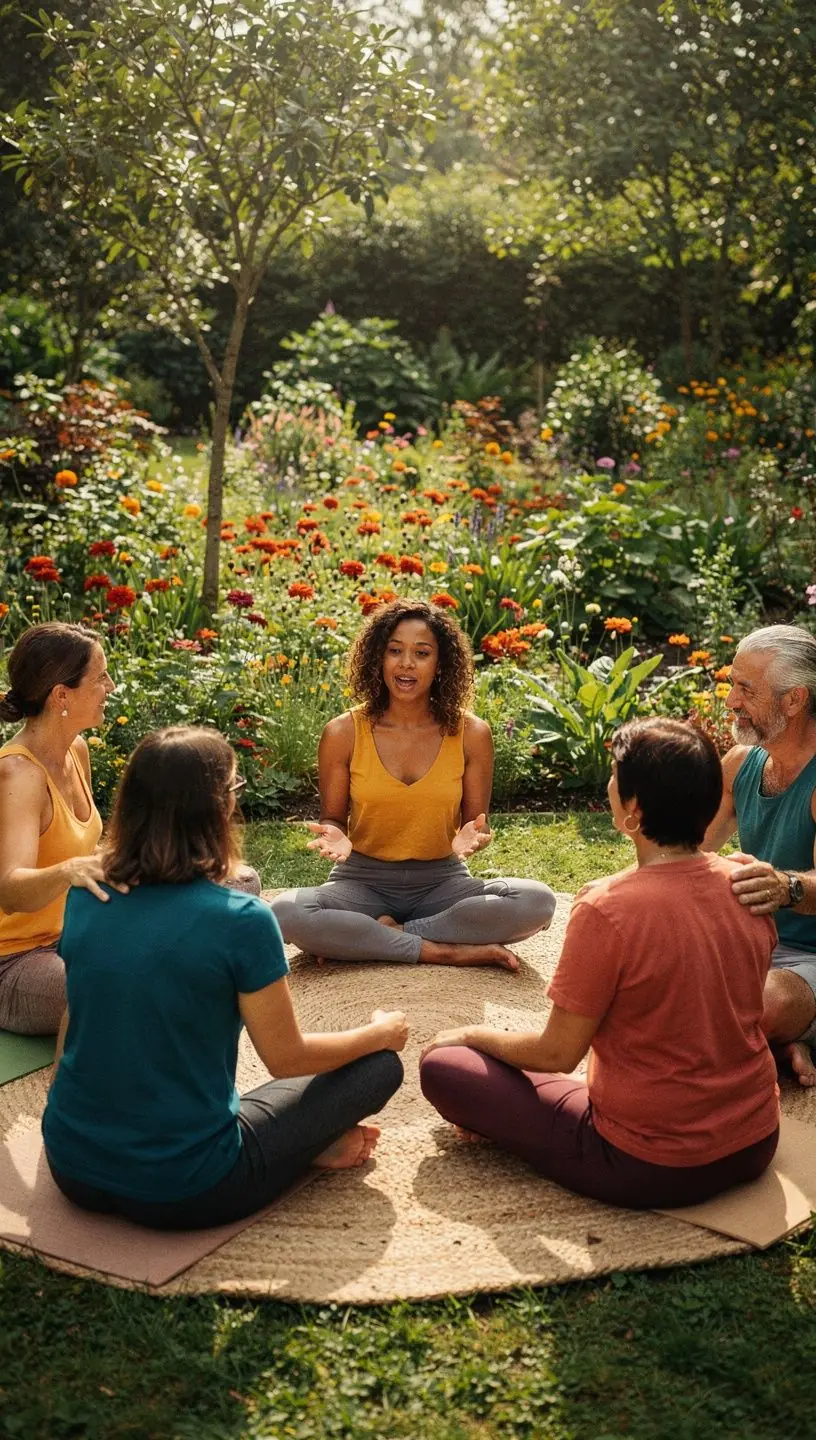 Instructor guiando a los participantes en ejercicios de respiración para liberar el trauma emocional.