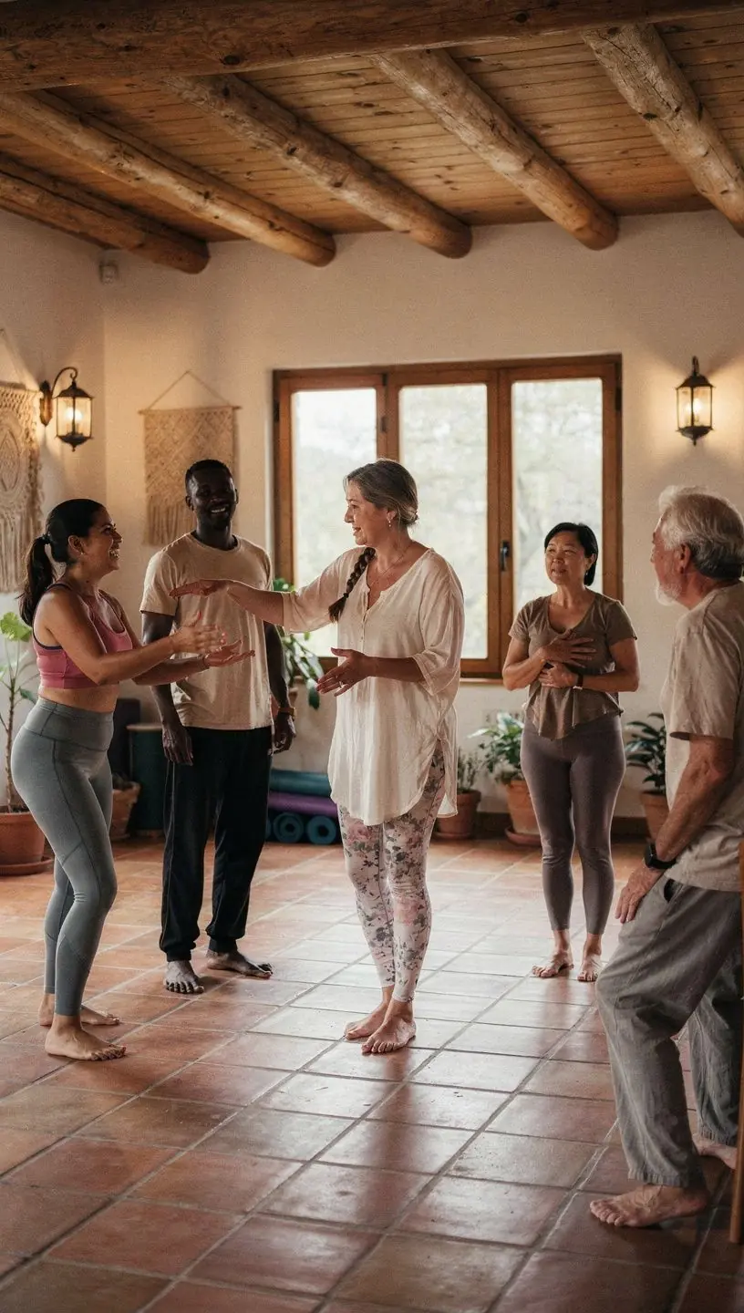 Una persona practicando yoga en un entorno natural, mostrando una postura de liberación emocional.